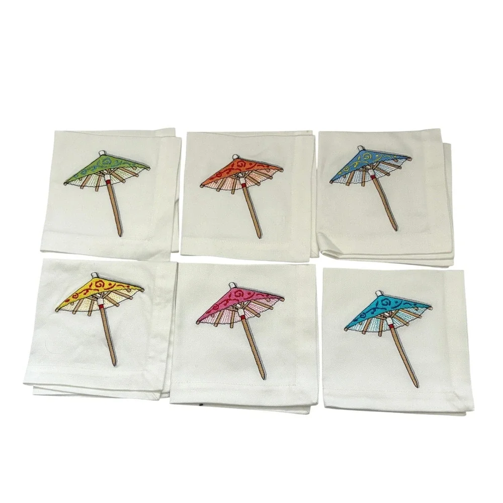 Nancy Green for Crate & Barrel Parasol Cocktail Napkins Set of 6 Embroidered